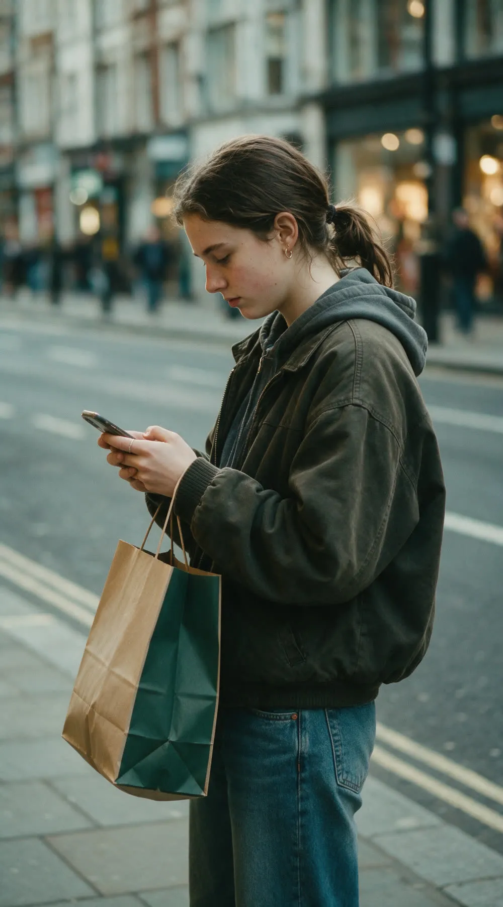 A shopper on a pavement, looking down at a phone, a paper bag over one wrist.