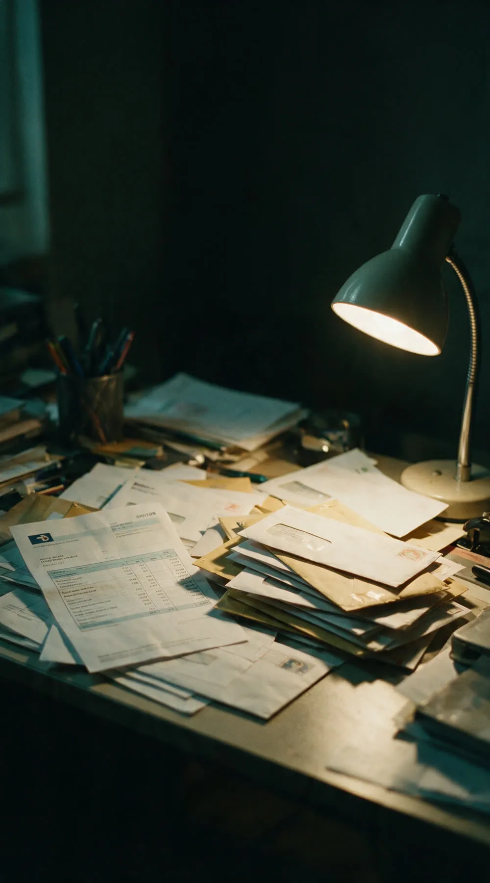 A desk at the end of the day, statements and unopened envelopes under a lamp.
